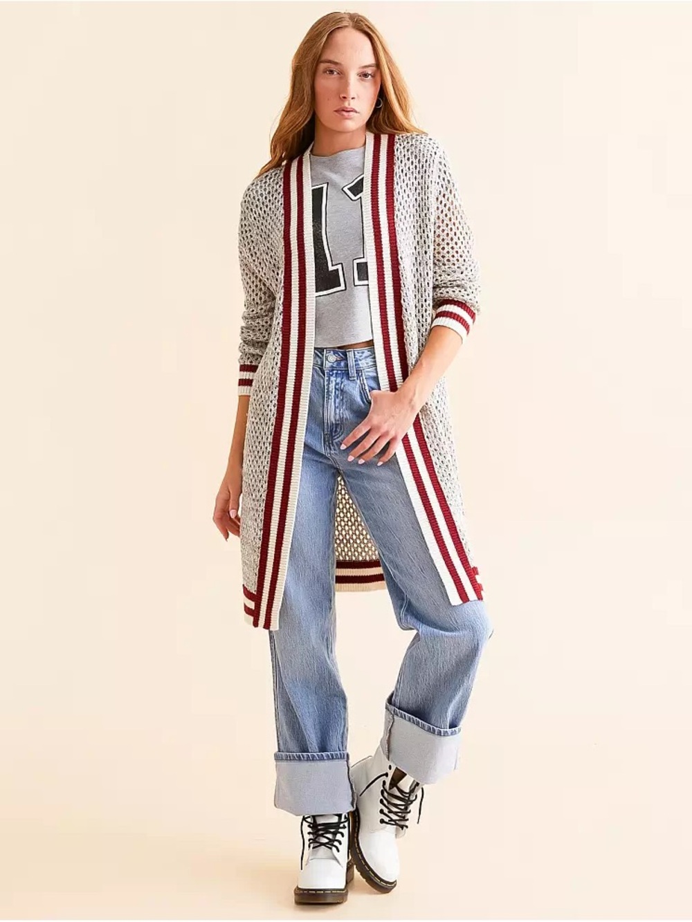 Buckle Open-Knit Long Cardigan in Gray with Burgundy Trim
